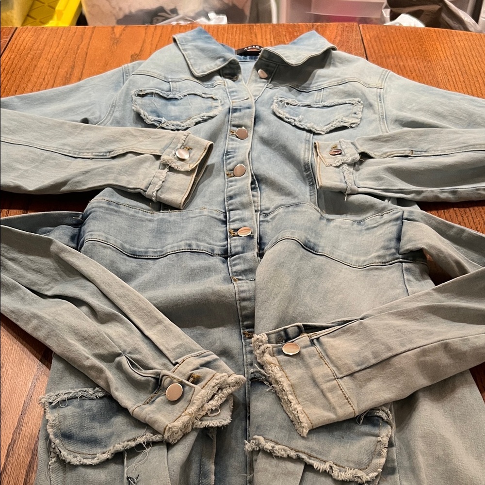 Akira Light Wash Denim Button-Front Maxi Dress or Coat Waist Tie size L - Picture 8 of 10